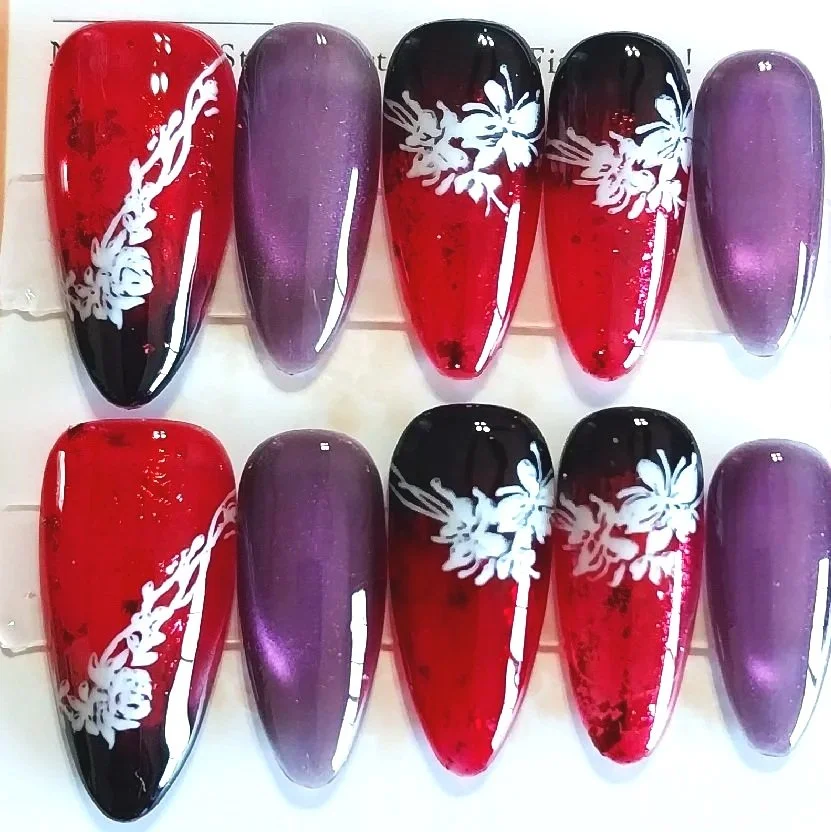 TMS-2204A  Red and Black floral nails