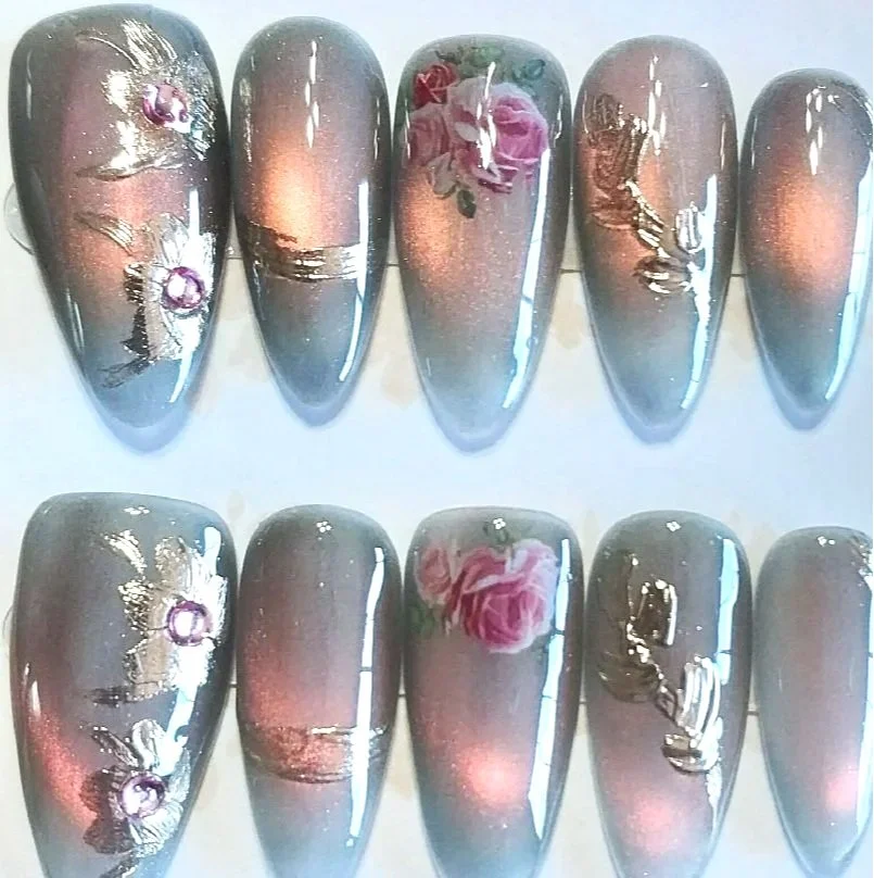 TMS-2237A  Floral double cat eye nails