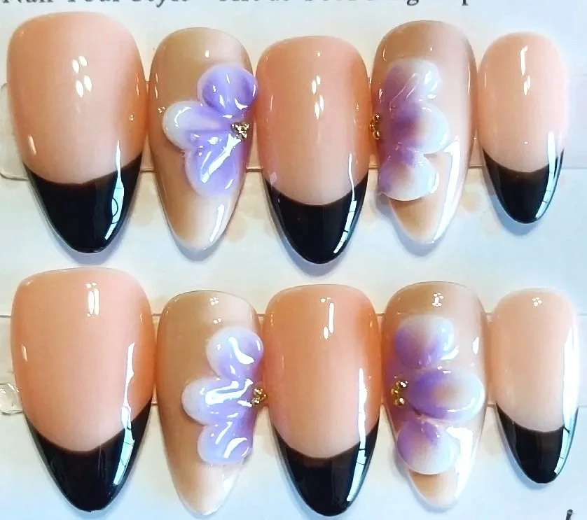 CC-588A  Black and Purple Tropical Flower nail set