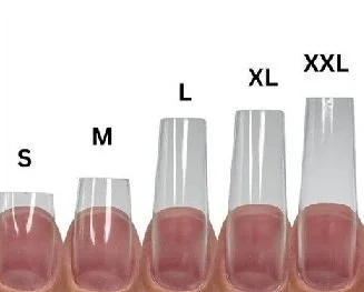 Close-up of five fingernails with different nail polish sizes labeled S, M, L, XL, XXL.
