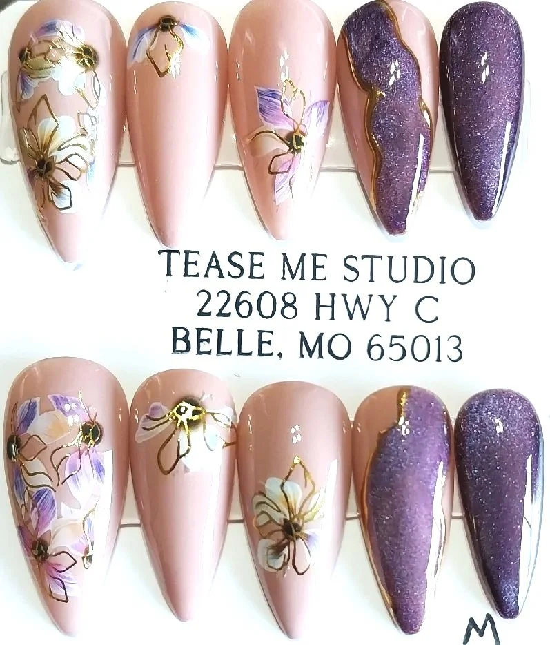 TMS-2221M-B  Purple Cat Eye Floral Nails