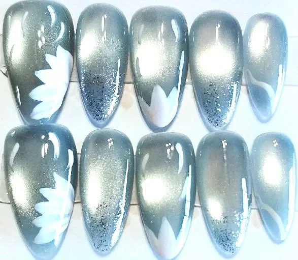CC-589  Silver Cat Eye Nail Set