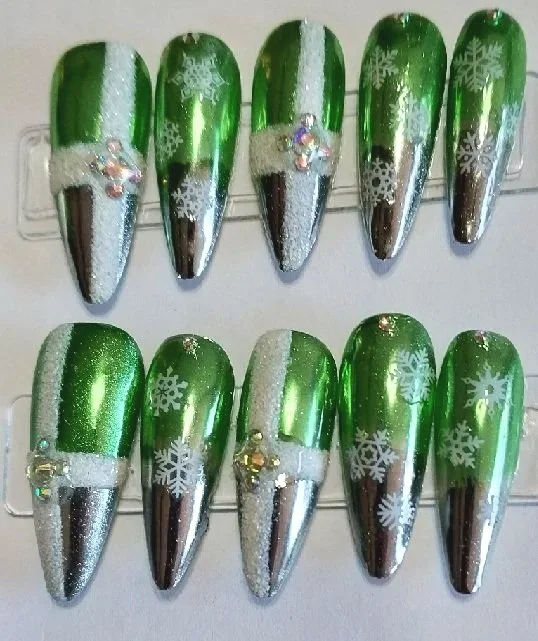 Green & Silver Snow Nails
