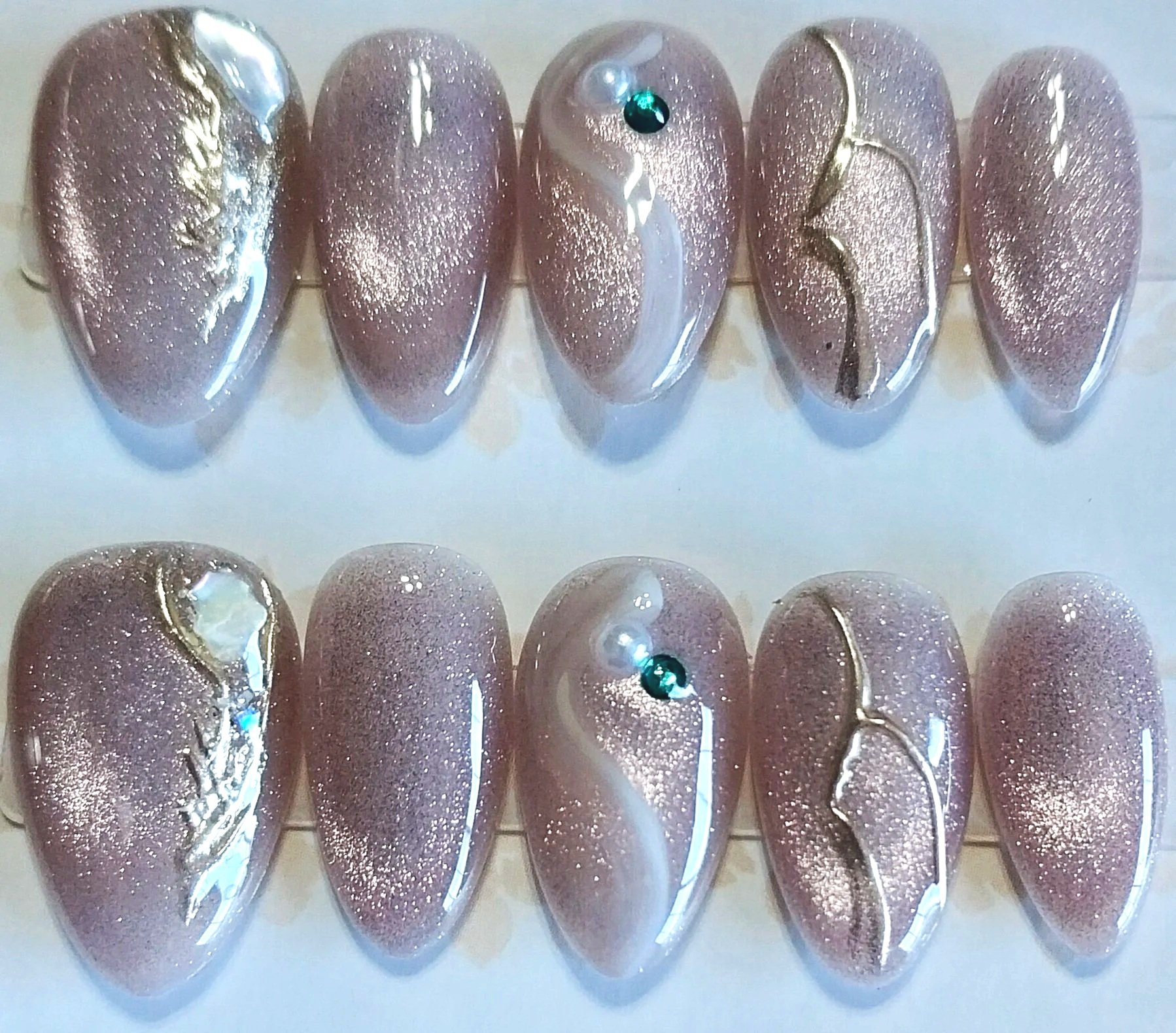 TMS-2214M  Pink Marble Cat Eye Nails