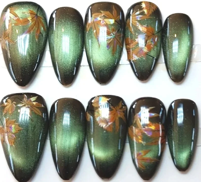CC-847L  Green and Black Cat Eye Fall Nail Set
