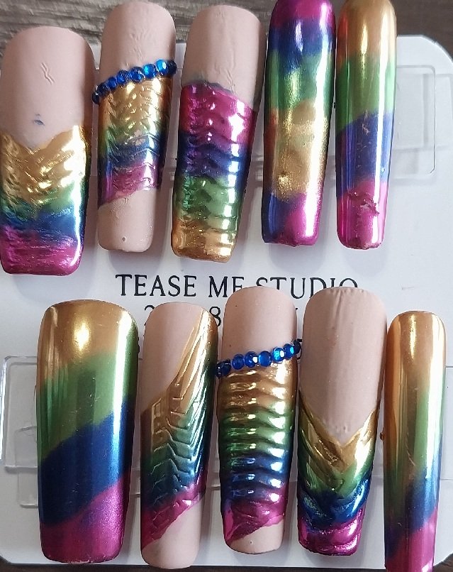TMS-2108  Rainbow Super Long Square nails