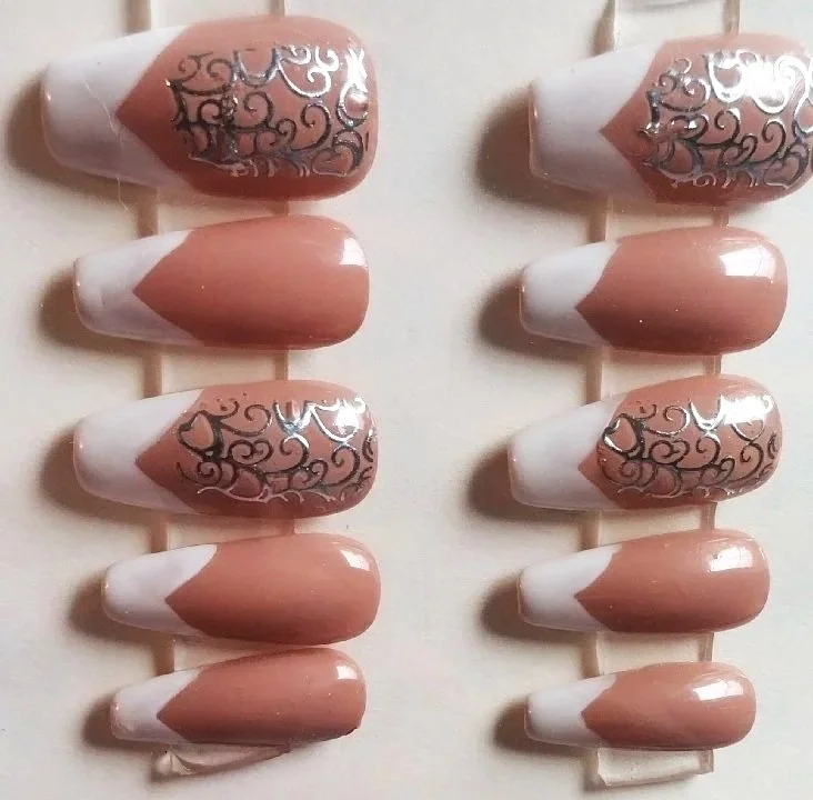 White French with silver filigree nail set