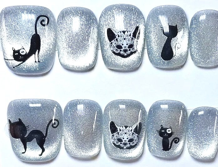 CC-218L  Black Cat Silver Cat Eye Nails