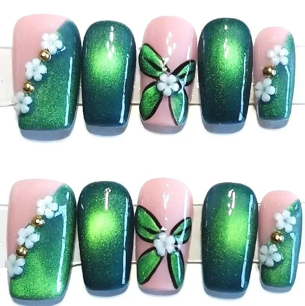 TMS-2208A  Kelly Green Floral Nail Set