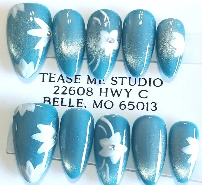 TMS-2309  Blue Cat Eye Floral Nail