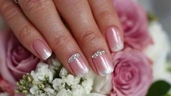 Close-up of a woman's hand with manicured nails painted in a pale pink color, decorated with small rhinestones near the tips, resting on a bouquet of pink and white roses.