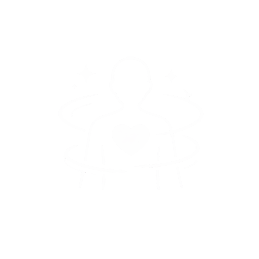 Line drawing of a person with a heart on their chest, surrounded by swirling lines and stars, on a black background.
