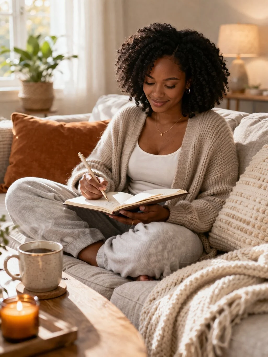 A woman with curly hair smiling, sitting cross-legged on a cozy beige sofa while writing in a notebook, with a mug of coffee and a lit candle on a wooden table in front of her, in a warmly lit living room.
