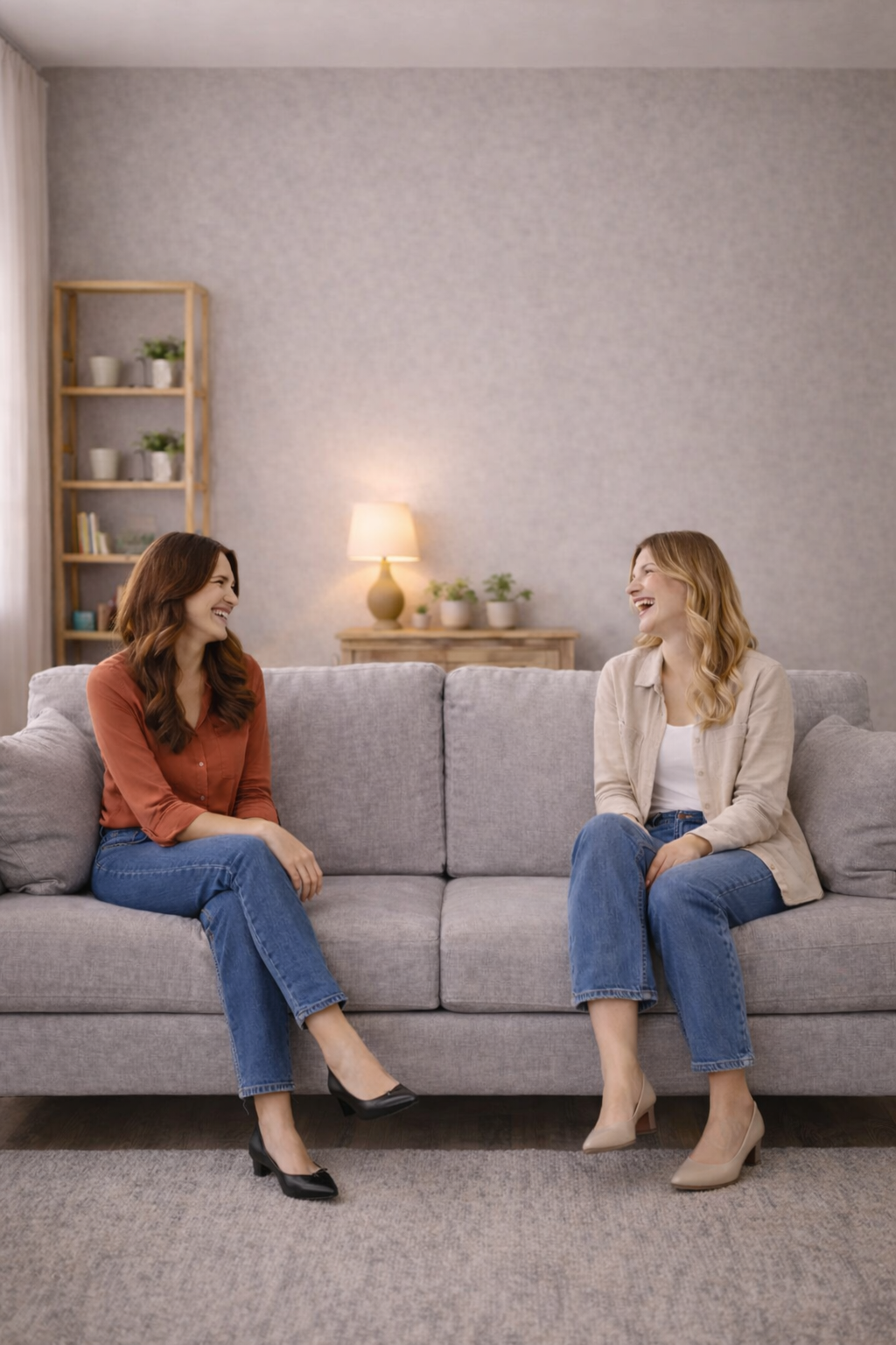 Two women sit on a grey couch in a living room, smiling and laughing while talking to each other. One woman wears a rust-colored top and jeans, the other a white top and beige jacket with jeans. There is a wooden shelf with potted plants and books, a side table with a lamp, and a grey wall in the background.