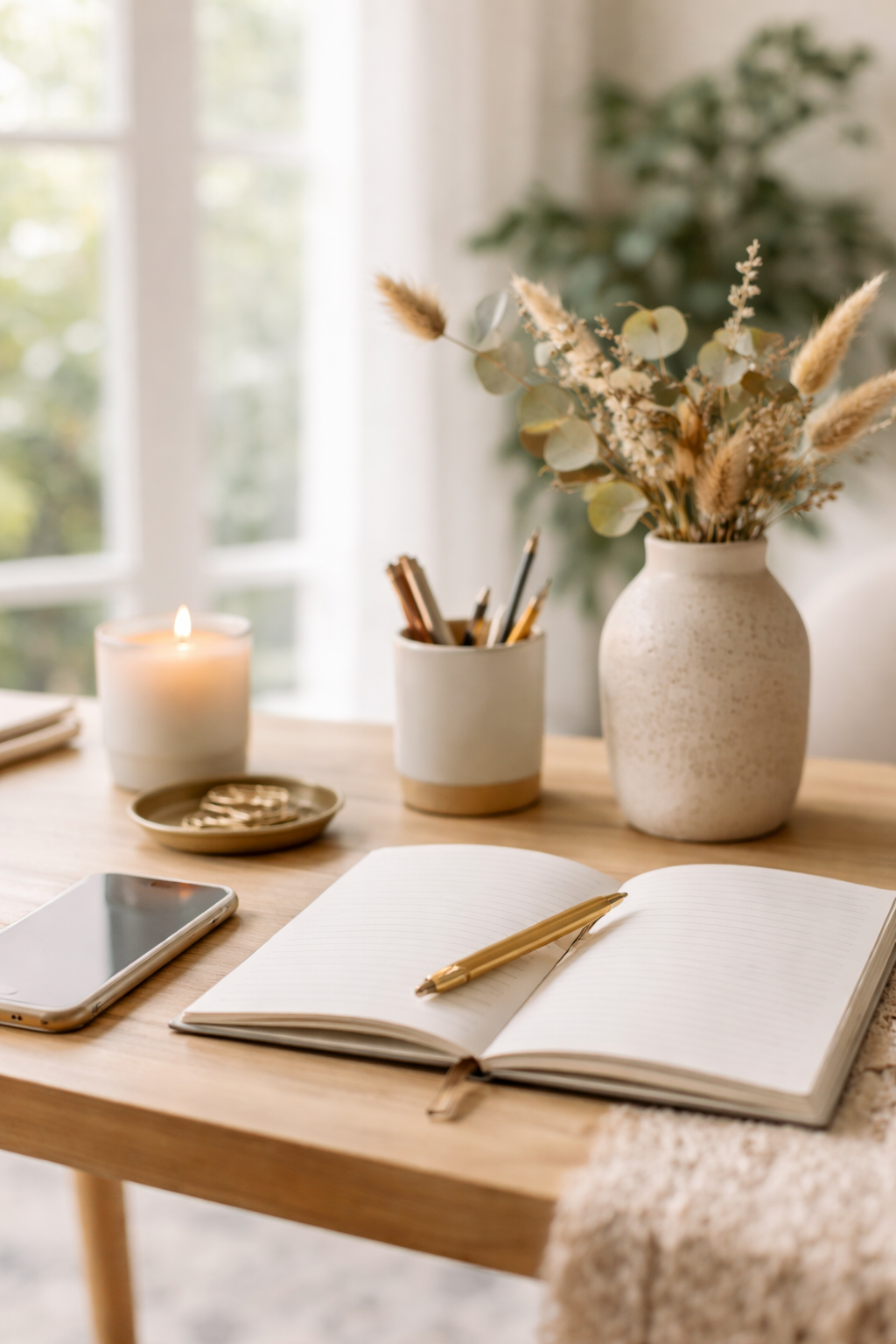 A wooden desk with an open notebook and gold pen, a smartphone, a lit candle, a small dish with jewelry, and a vase of dried flowers, with a background of large windows letting in natural light.