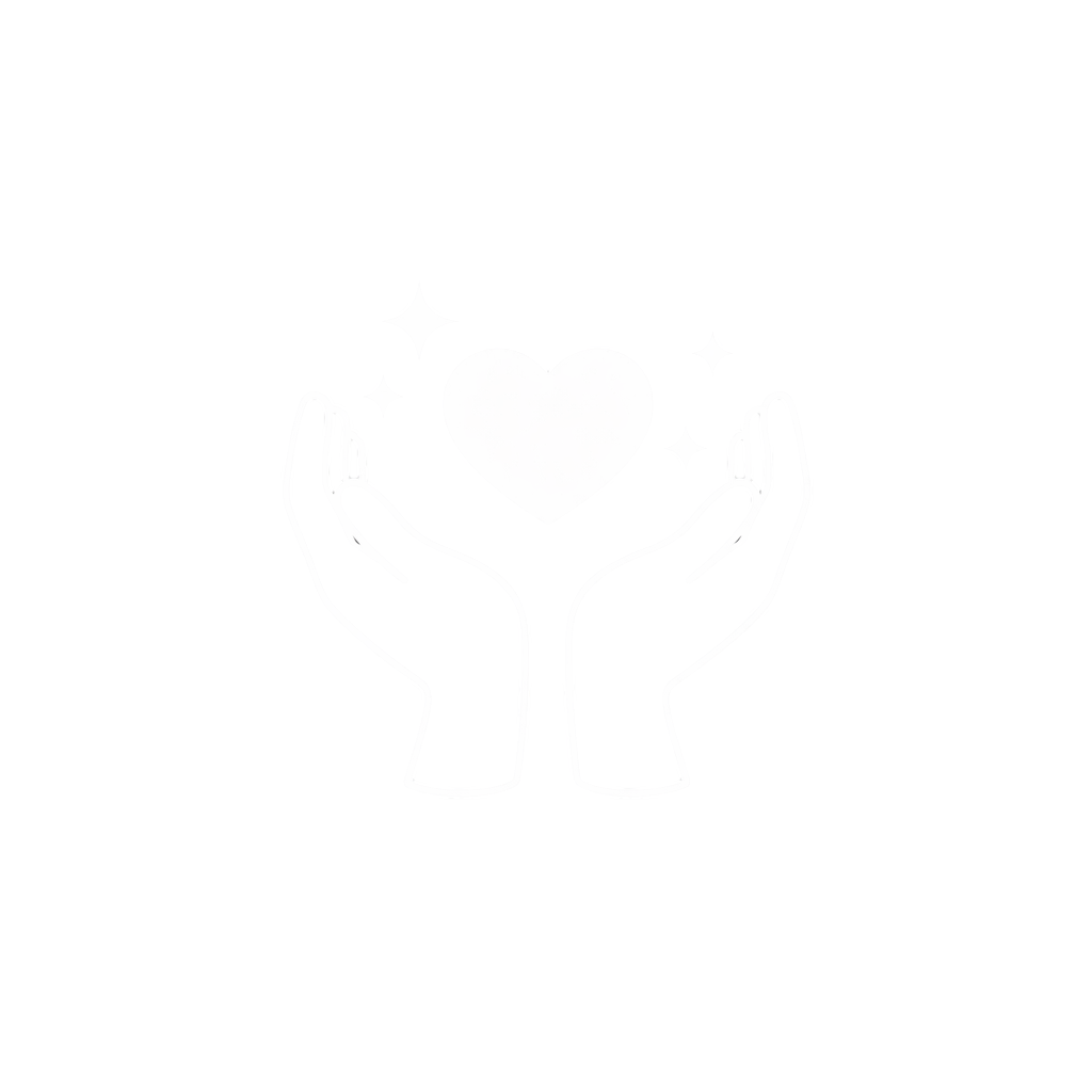 Outline drawing of two hands holding a heart surrounded by sparkles on a black background.