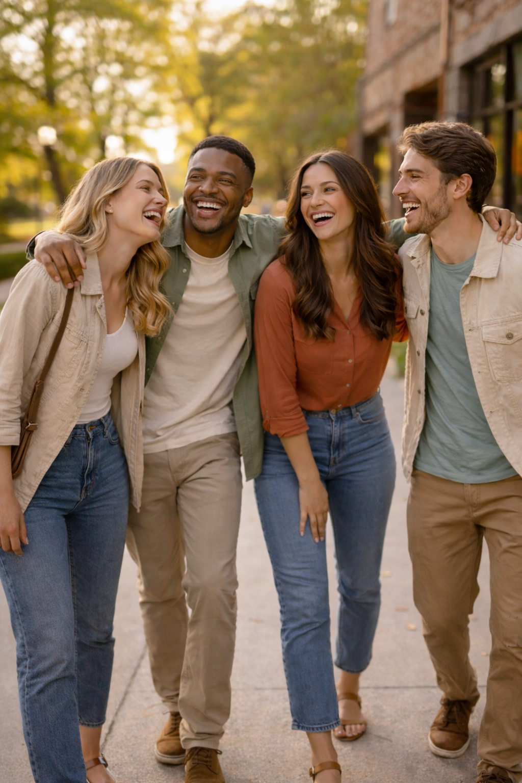 Four friends walking outdoors, smiling, with trees and a building in the background.