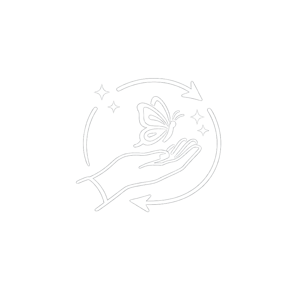 Line drawing of a hand releasing a butterfly, surrounded by a circular arrow and small sparkling stars, symbolizing transformation or renewal.
