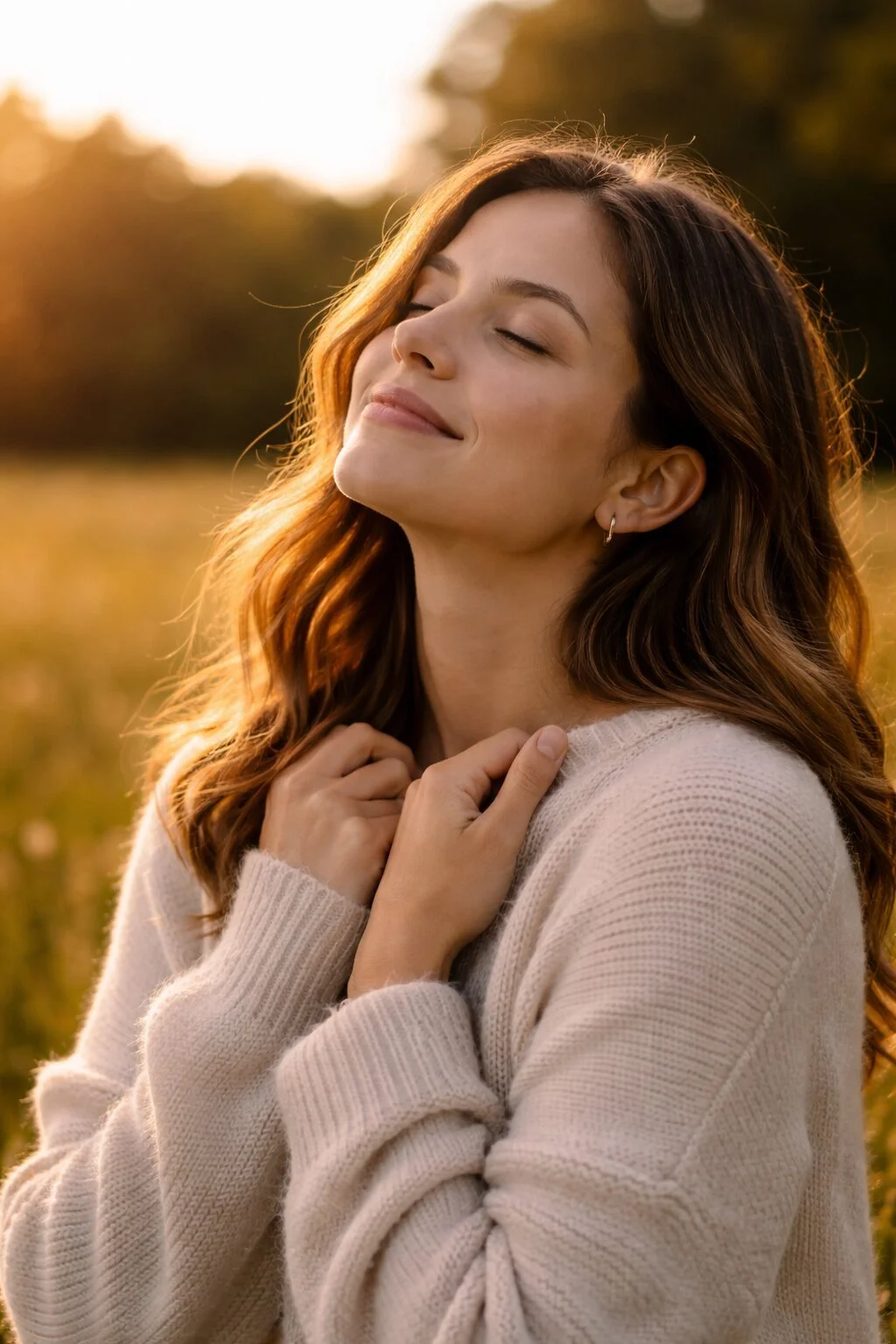 A woman with long brown hair smiling with her eyes closed outdoors during sunset, wearing a beige sweater, with her hands gently touching her neck.
