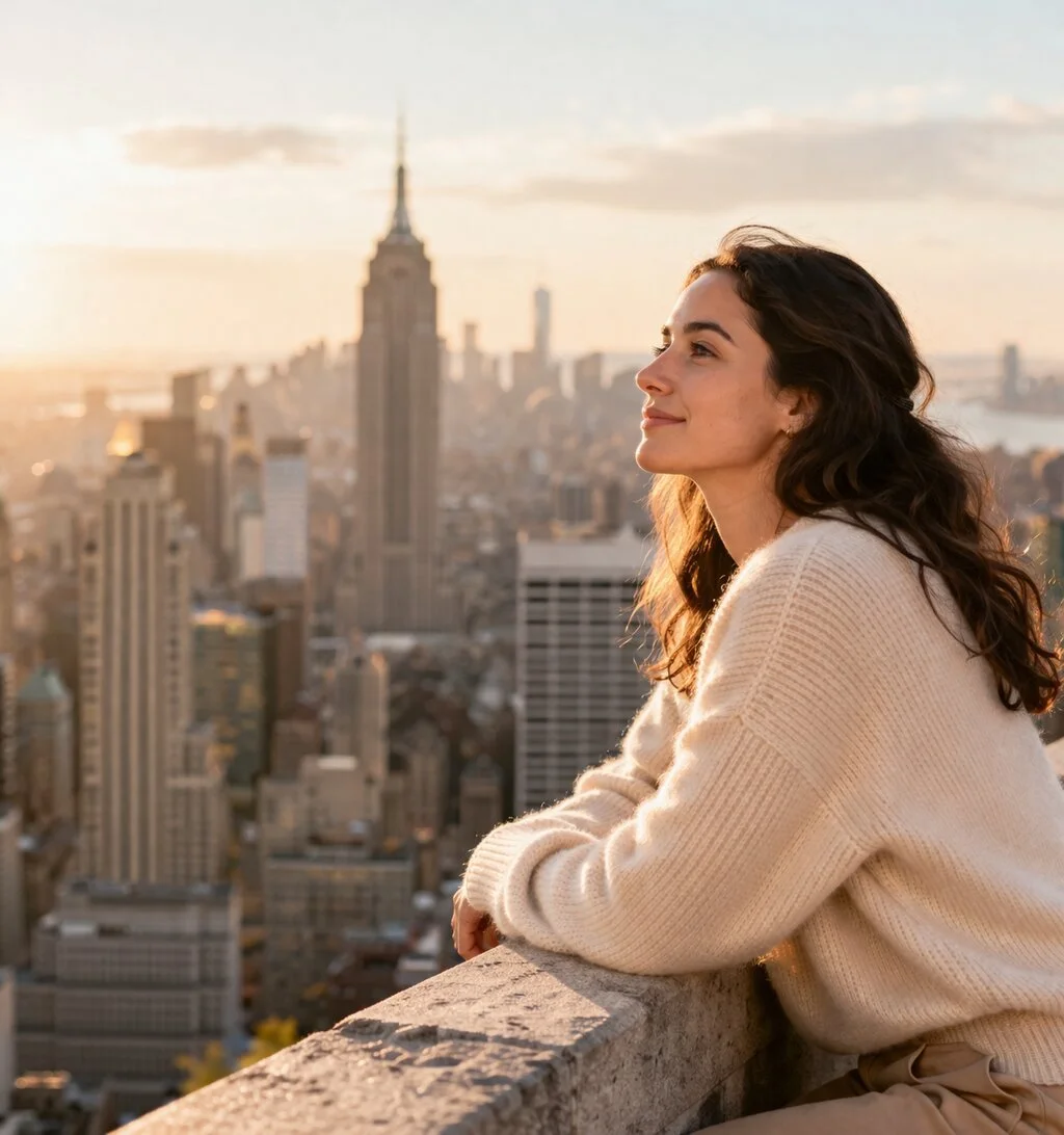 A woman with dark, wavy hair sitting on a stone ledge overlooking the New York City skyline during sunset with the Empire State Building in the background.