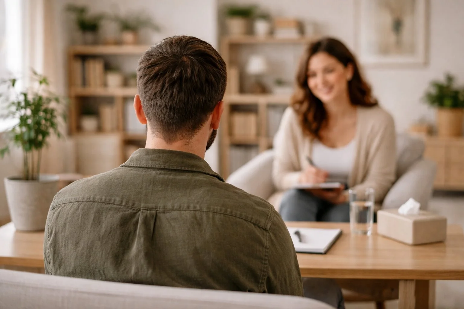 A man sitting at a table during a therapy session with a female therapist, with plants and books in the background.