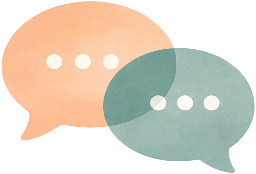 Two overlapping speech bubbles, one pink with three white dots and one greenish-blue with three white dots, representing conversation or communication.