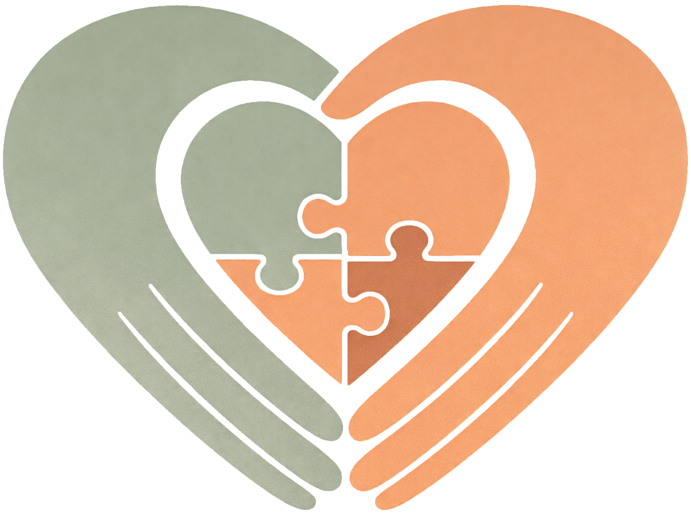 Illustration of two hands forming a heart shape with puzzle pieces inside, one hand in green and the other in orange, symbolizing care and connection.