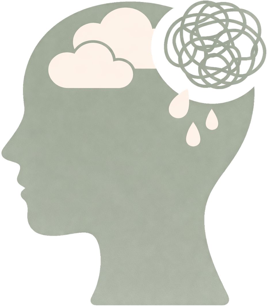 A silhouette of a human head with clouds and a brain inside, showing thought or mental health concepts, with three raindrops falling from the brain.