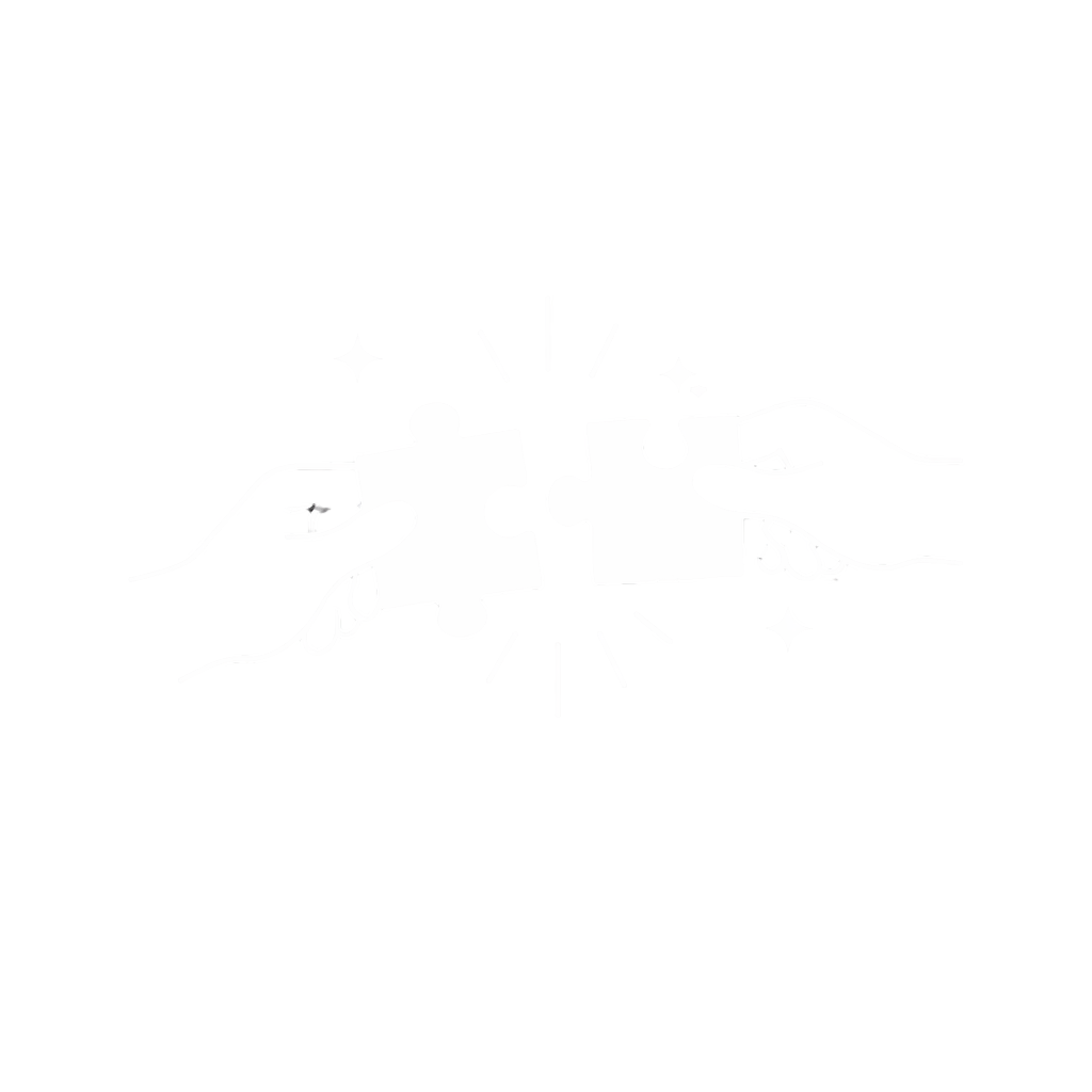 Two hands holding puzzle pieces coming together with spark effects surrounding them on a black background.