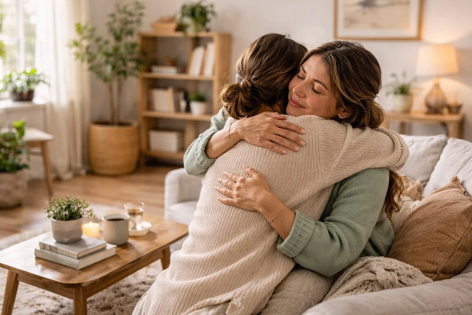 Two women hugging on a beige sofa in a cozy living room, with a wooden coffee table, plants, books, and warm lighting in the background.