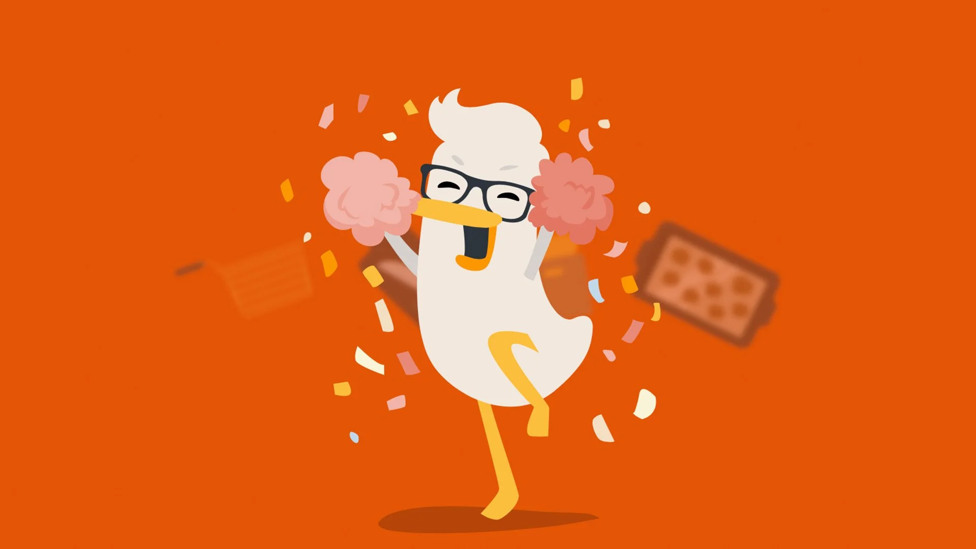 Cartoon turkey character wearing glasses, celebrating with confetti and surrounded by waffles, set against an orange background.