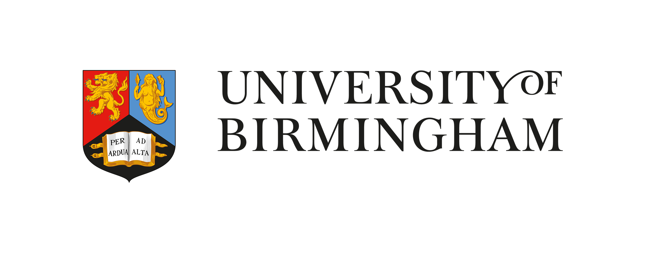 University of Birmingham logo featuring a shield with a lion, mermaid, and an open book, alongside the text 'University of Birmingham'.
