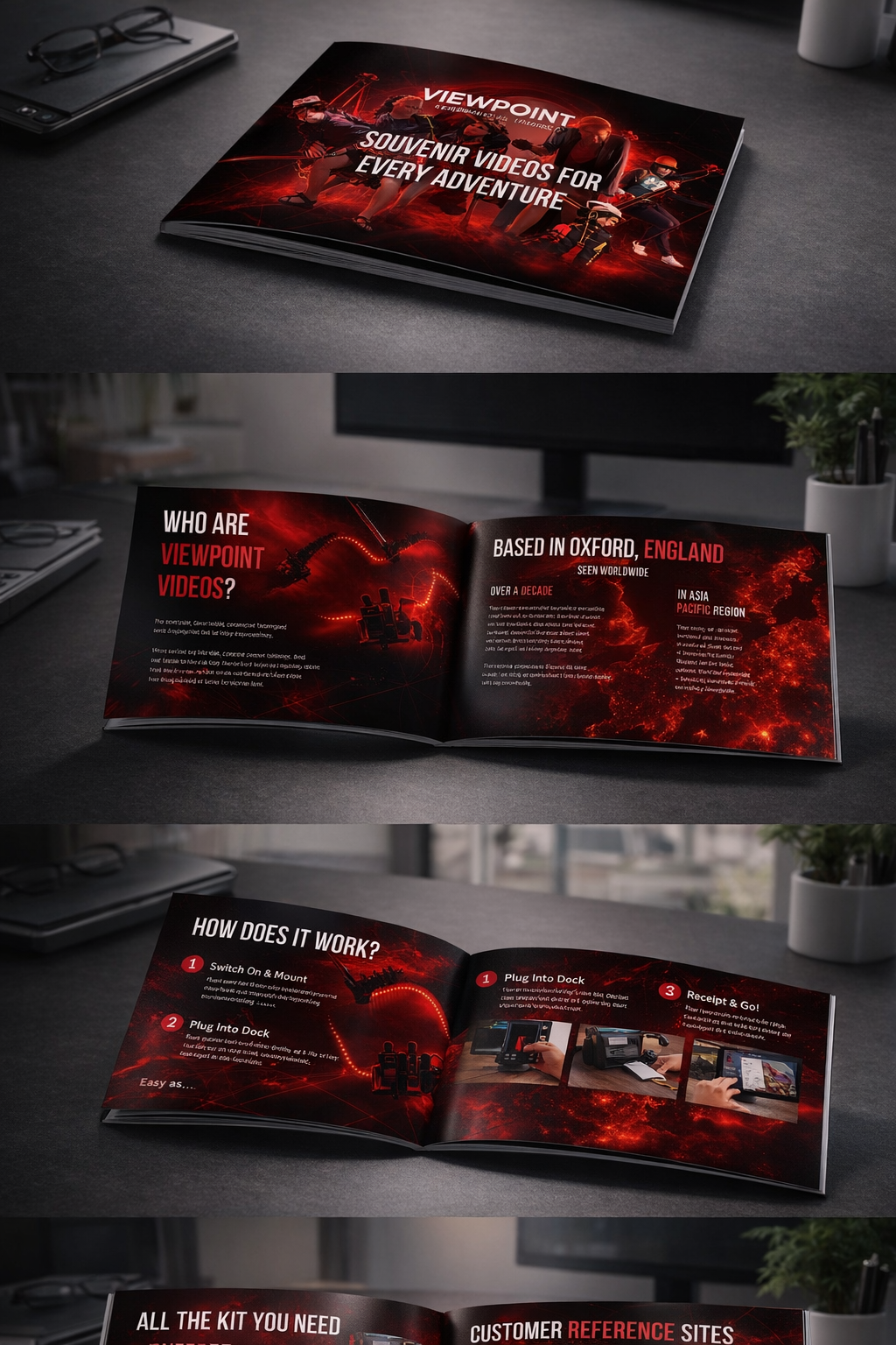 Open brochure with red and black themed design promoting viewpoint videos, showing pages about the company, its origins in Oxford, England, and instructions on how to use its products, with images of electronic devices and maps.