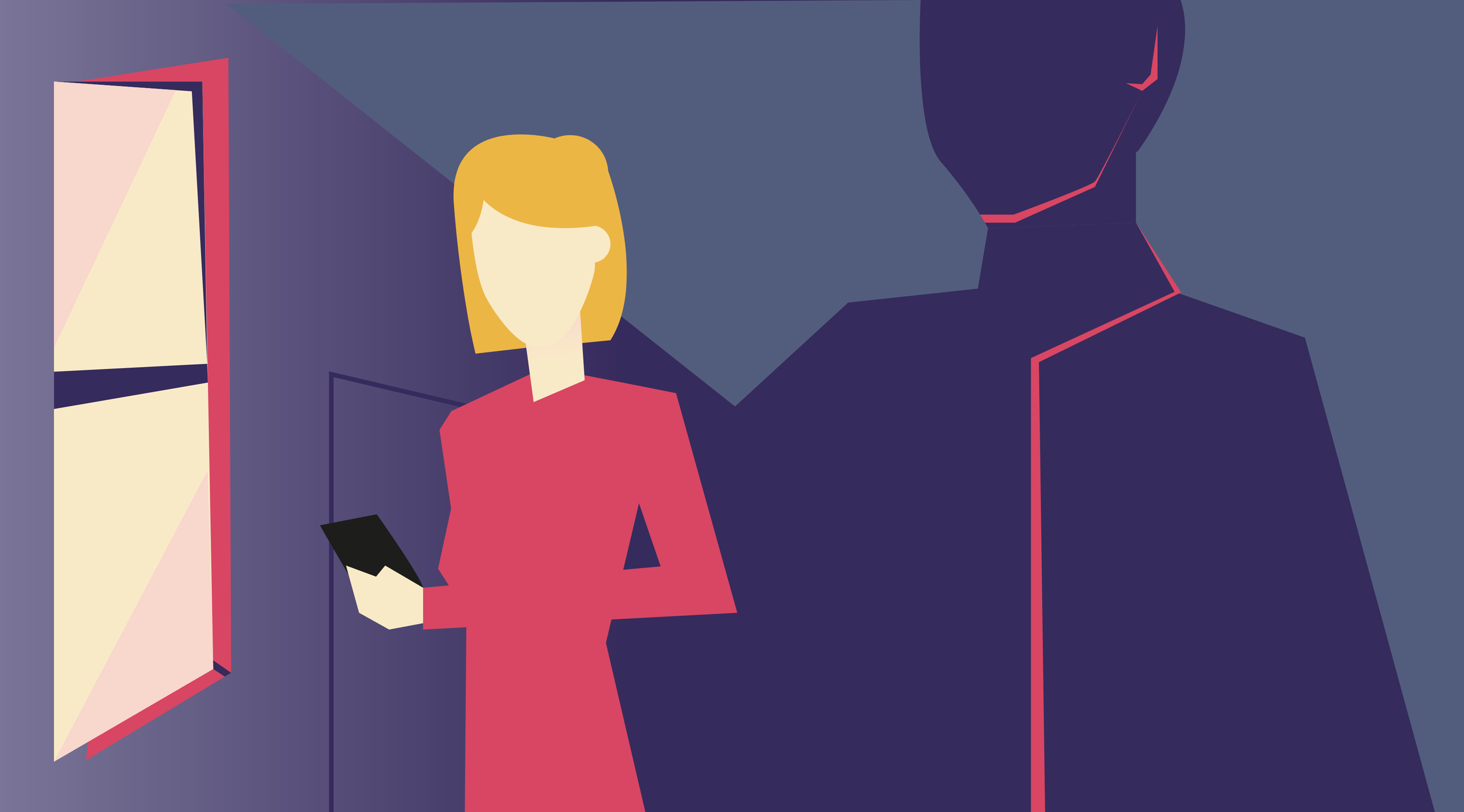 A digital illustration of a woman in a red dress holding a smartphone, standing in front of a mirror, with a shadowy figure behind her. The background is composed of dark purple and blue tones.