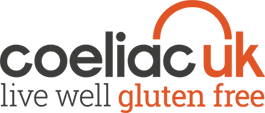 Logo with the text 'coeliac uk' and the tagline 'live well gluten free'