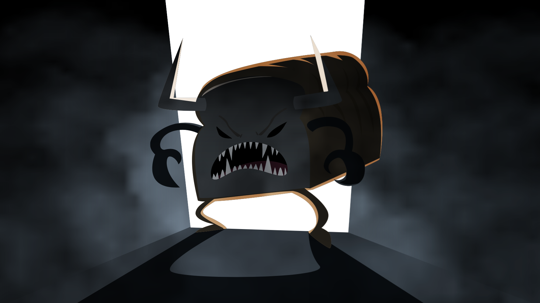 A cartoon character resembling a TV with a fierce, angry face, sharp teeth, and dark horns, standing in a dark, smoky environment with a bright white doorway behind it.