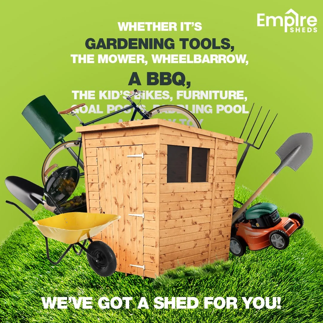 A wooden shed surrounded by gardening and outdoor tools, including a wheelbarrow, lawnmower, rake, shovel, and bicycle, with a green background and text advertising a shed for sale.