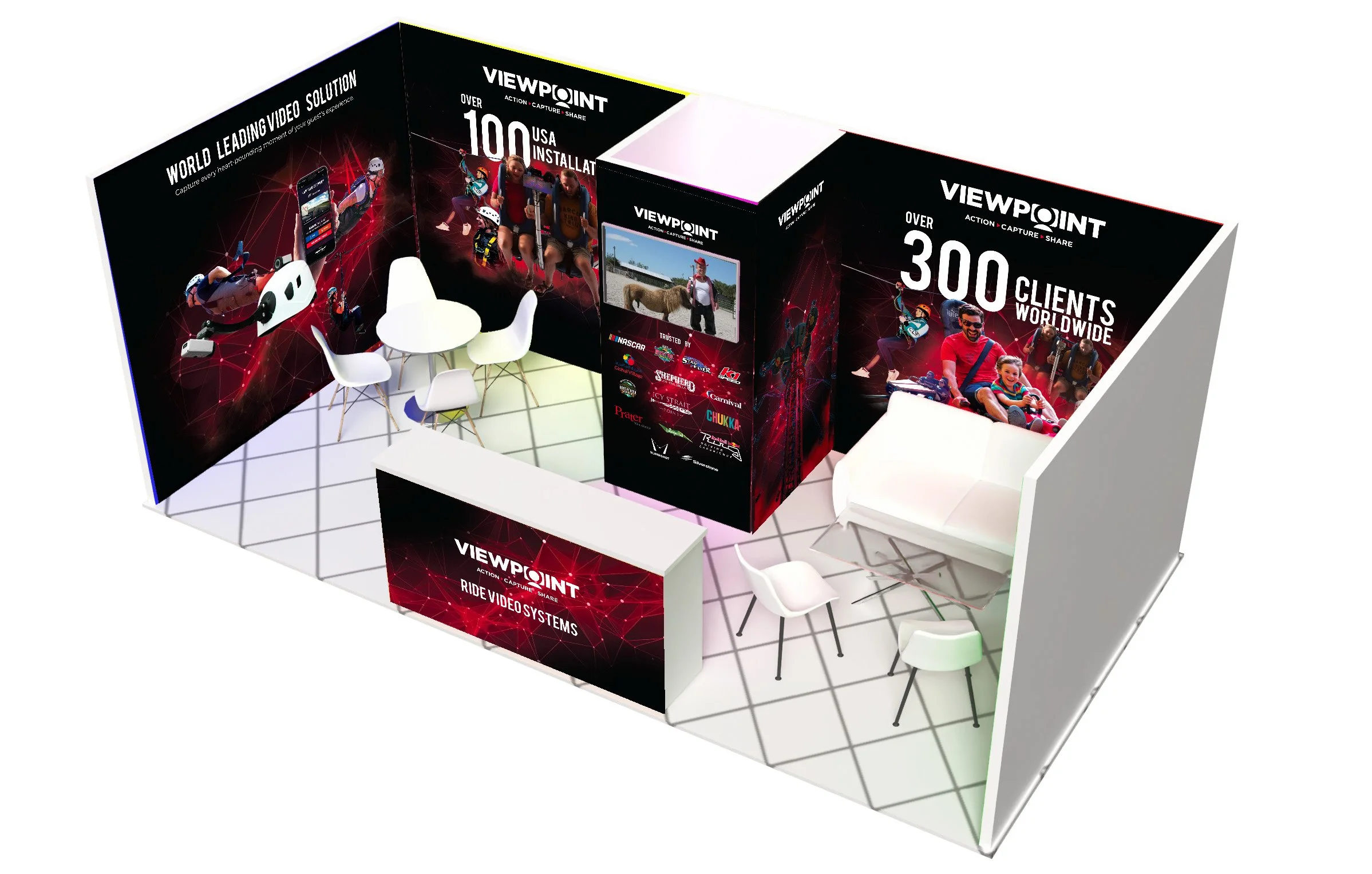 Trade show booth for Viewpoint featuring graphics of people using virtual reality and outdoor activities, with text highlighting client statistics worldwide.