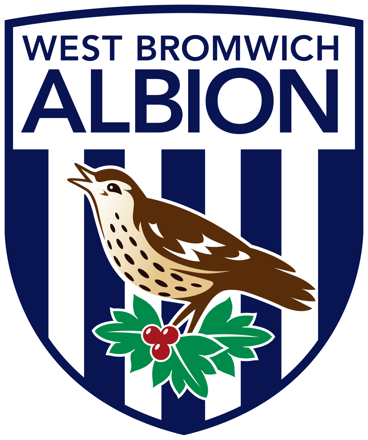 West Bromwich Albion football club crest featuring a sparrow perched on holly leaves and berries, with blue and white vertical stripes in the background.