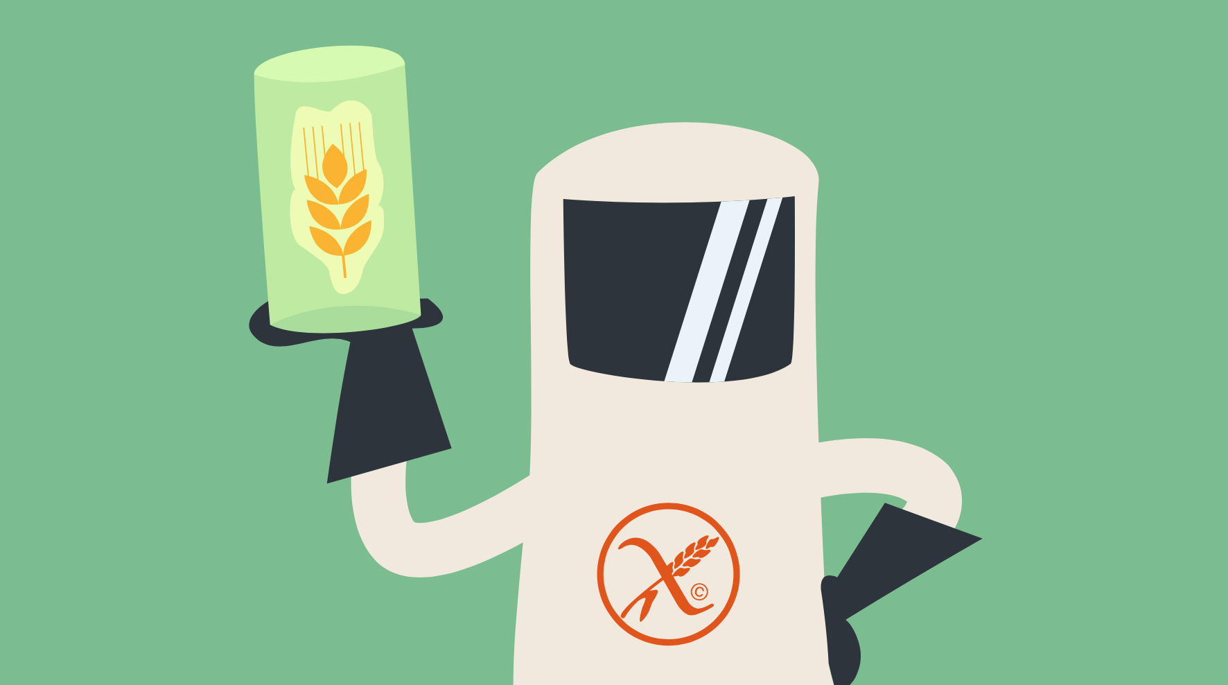 Stylized illustration of a robot with a wheat symbol on its chest holding a green candle with a wheat emblem on it.