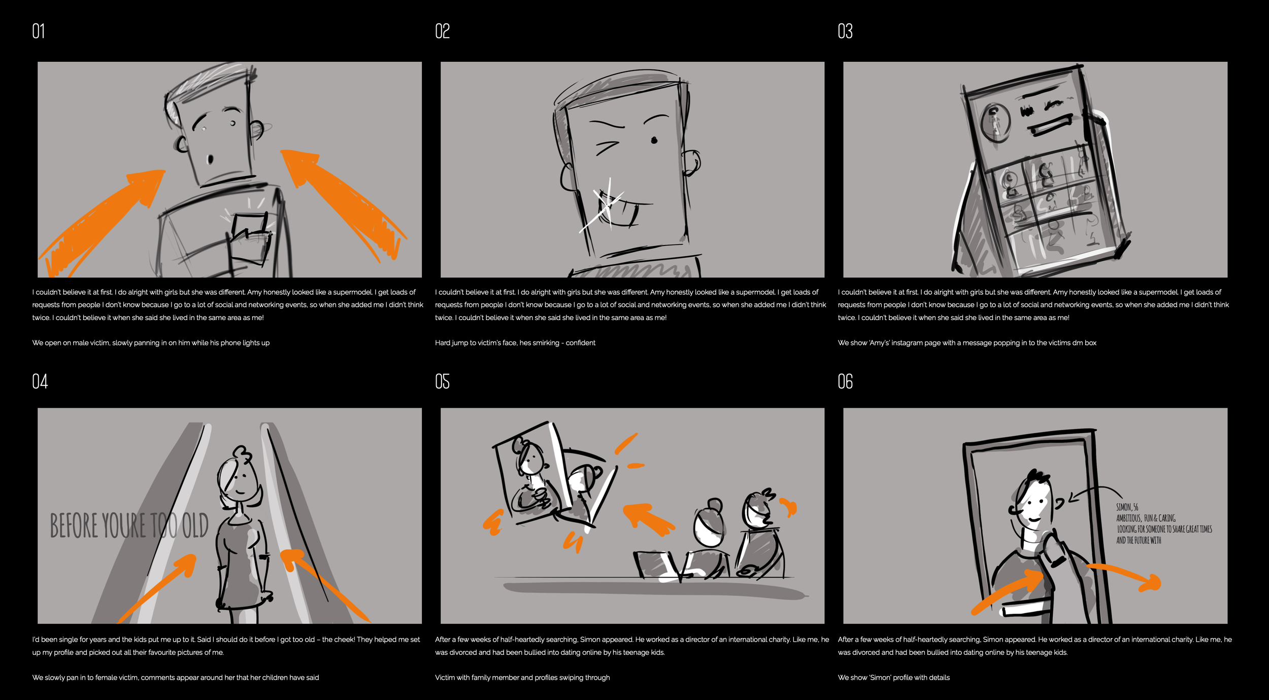 A comic-style storyboard with six panels depicting a story about a victim of online abuse. Panel 1 shows a surprised woman looking at her phone, with orange arrows pointing to her shoulders. Panel 2 shows the woman winking with her tongue out. Panel 3 shows a phone with a message notification, and a brief description of her online profile. Panel 4 shows the woman walking alone with orange arrows pointing to her and her surroundings. Panel 5 depicts her at a computer with orange arrows pointing to her, and her profile with details. Panel 6 shows her in a photo with her profile details.