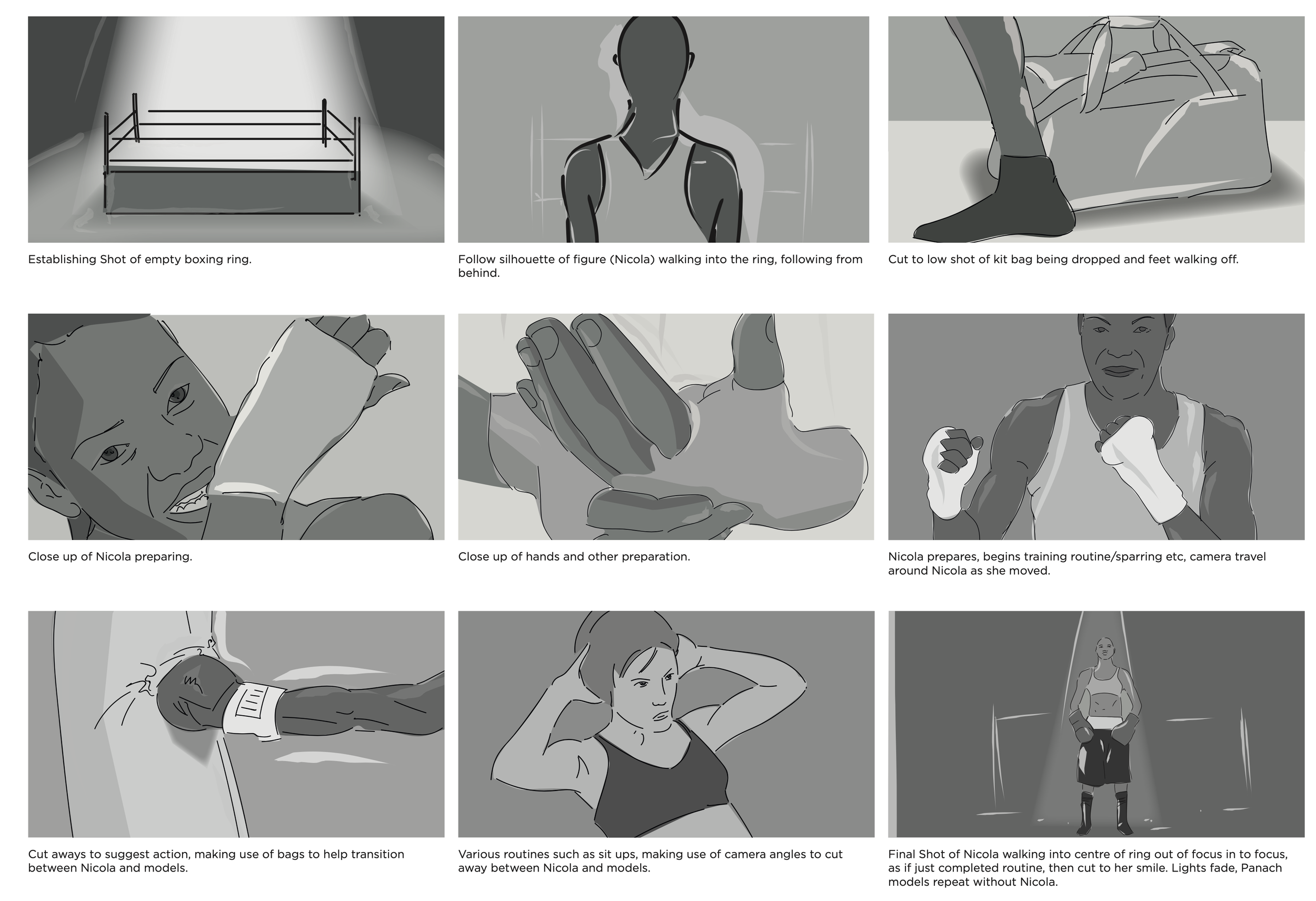 Sequence of grayscale illustrations depicting a boxing training session. The images show an empty boxing ring, a silhouette of a woman walking into the ring, dropping a kit bag, close-ups of her preparing with hands and other gear, and her beginning training routine. The final image shows her walking into the center of the ring smiling after completing her routine.