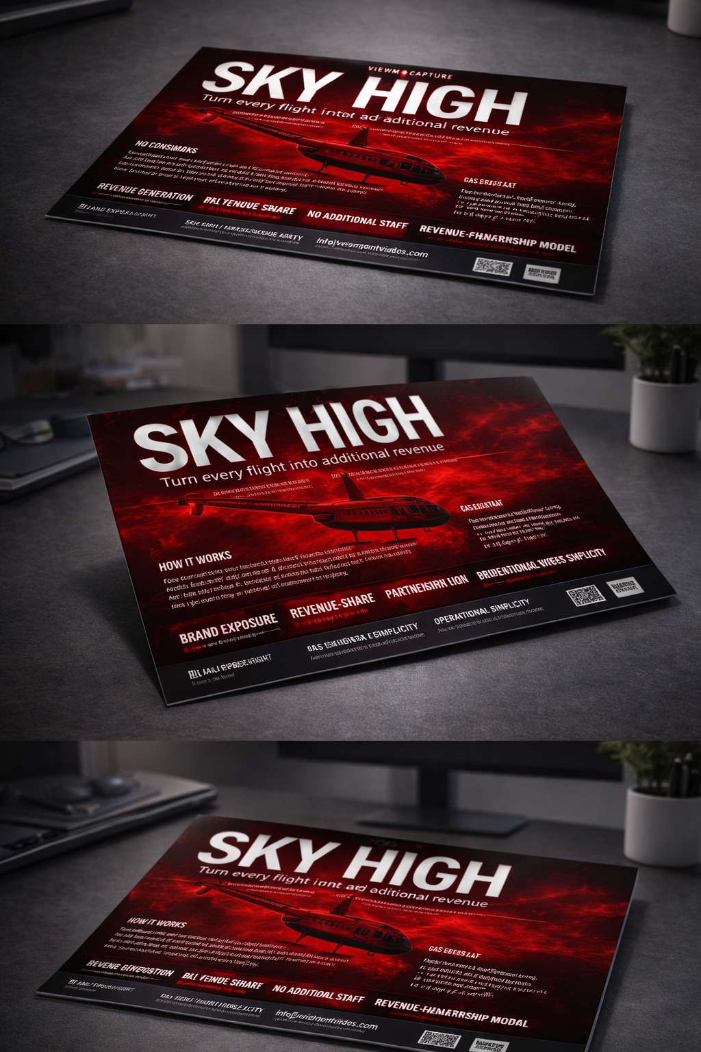 A promotional flyer with a red and black color scheme, displaying the headline 'Sky High' and an image of a helicopter flying through a red stormy sky. The flyer contains text about increasing flight revenue, with sections on how it works, brand exposure, revenue share, and operational simplicity.