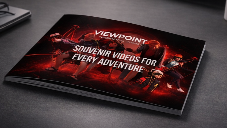 A brochure on a gray table titled "Viewpoint," with the subtitle "Souvenir Videos for Every Adventure," featuring an image of people engaged in adventure activities, including zip lining and other outdoor experiences, with a red and black background.