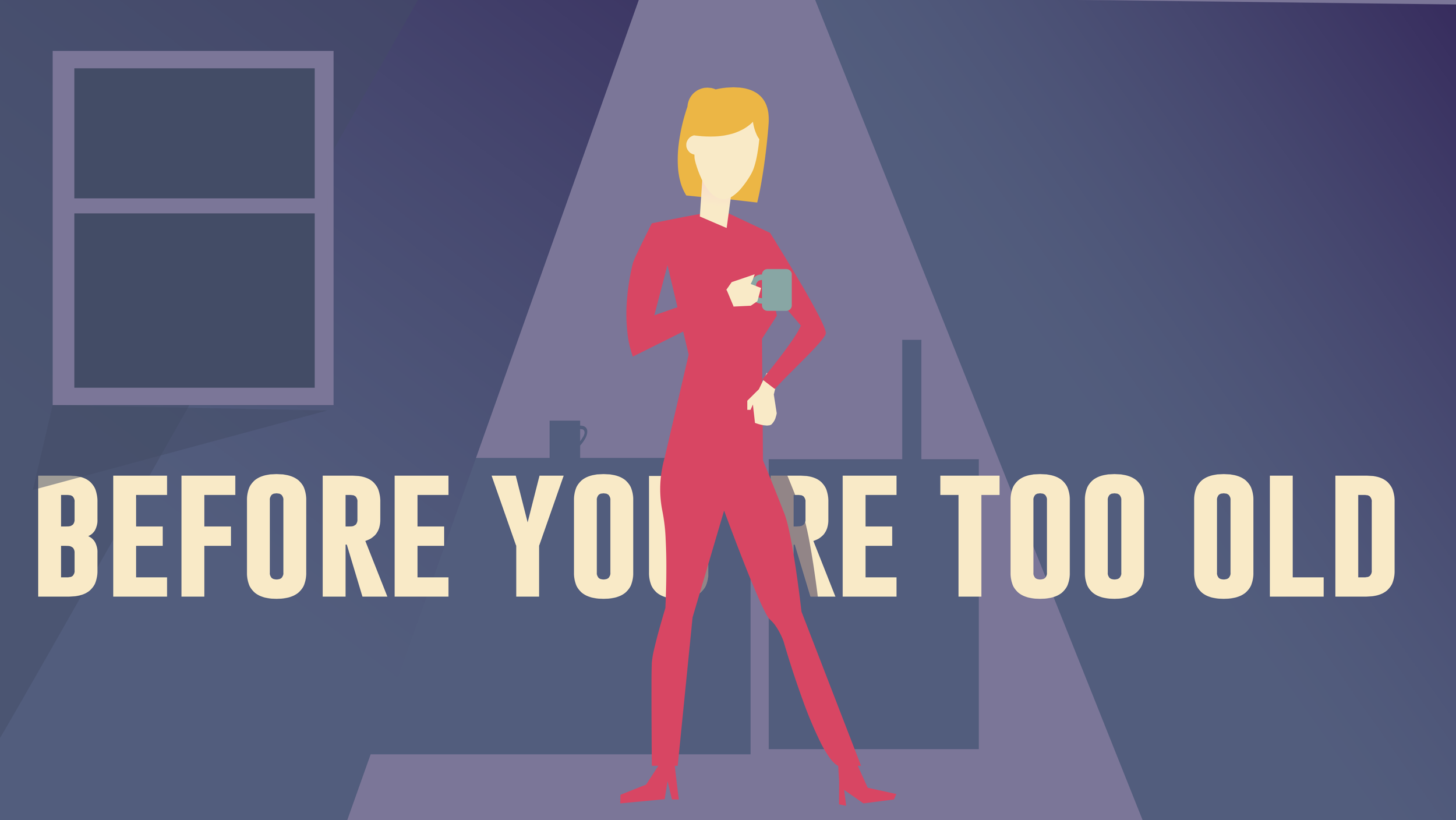 Illustration of a woman in a pink dress holding a mug, with large text that reads 'BEFORE YOU RE-TOOL'.