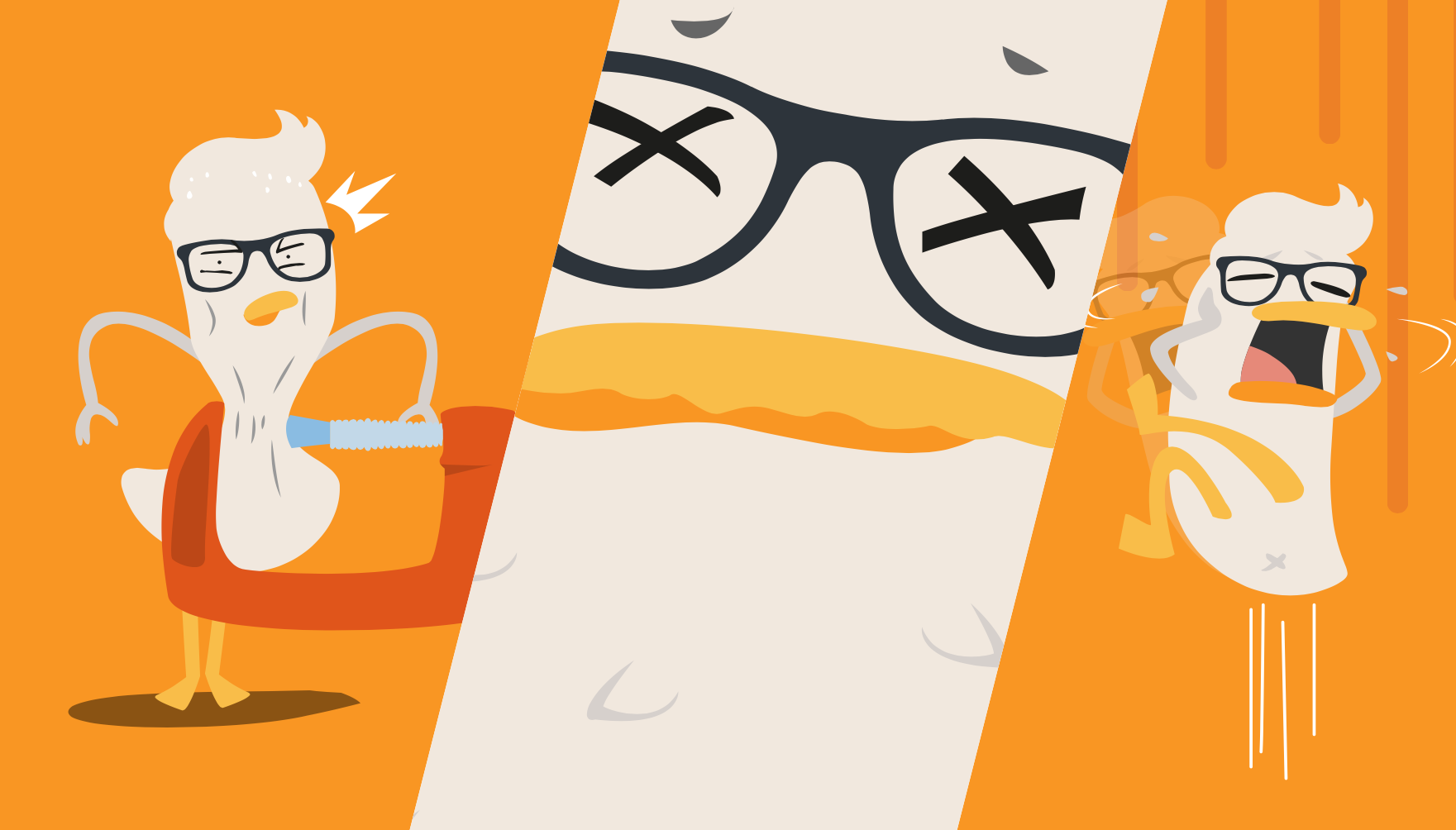 A cartoon illustration featuring three characters in a split-screen layout. The left side shows a blushing anthropomorphic chicken with glasses, sitting in an orange armchair, holding a screwdriver, looking surprised. The middle section is a close-up of a cartoon chicken's face with glasses and closed eyes, with an orange background. The right side depicts a screaming anthropomorphic chicken with glasses, arms raised, with orange rain falling around it.