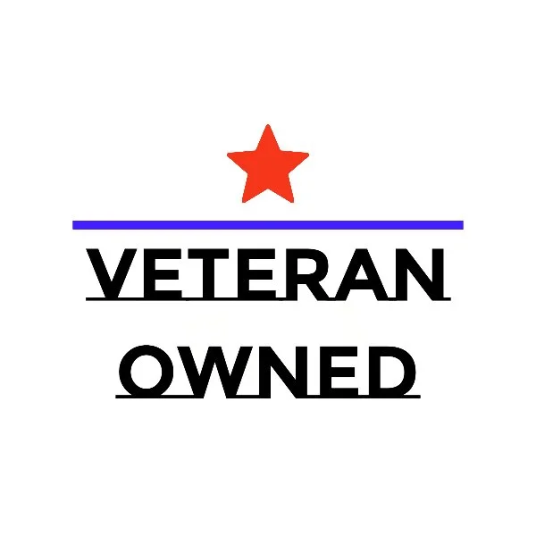 A red star above the words "VETERAN OWNED" with a blue line separating them, on a white background.