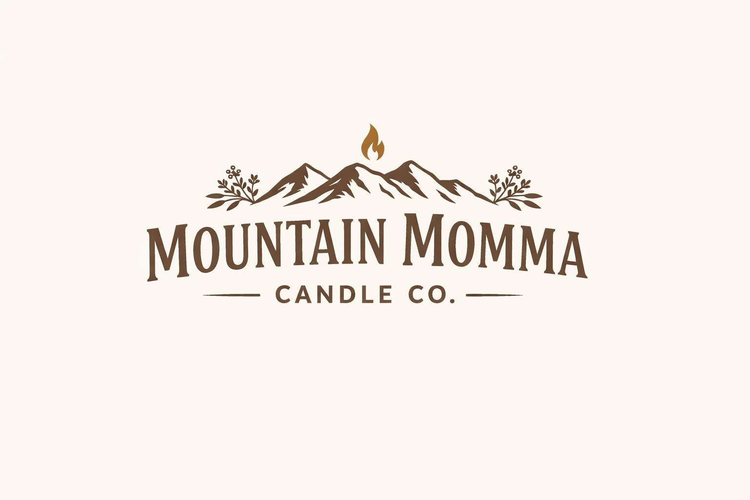 Logo for Mountain Momma Candle Co., featuring a mountain range with a flame at the top, and decorative foliage on either side.