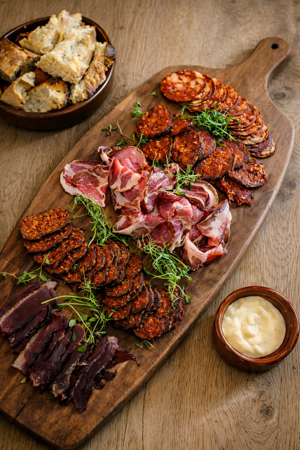 Et serveringsbrett med spekemat, blant annet skinke, tørket kjøtt og pølser, dekorert med friskt grønne urter, og et lite stort bord med brød og en skål med saus. - Rolis Bodega, Nordstrand, Oslo