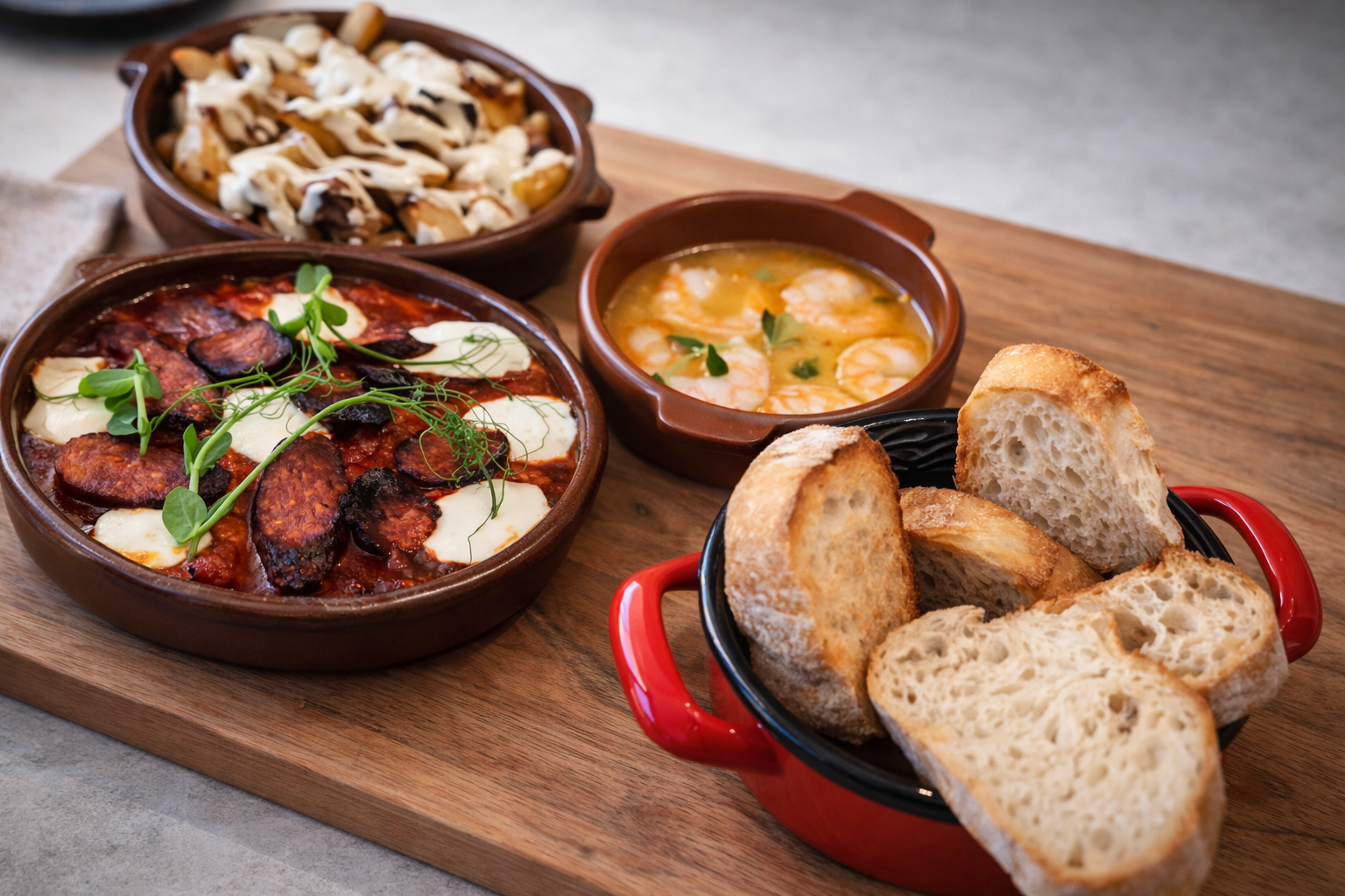Italienske retter, tapas på en trefarget plate, inkludert en gryterett med kjøtt, ost og urter, en tallerken med reker i saus, og en skål med brødskiver. - Rolis Bodega, Nordstrand, Oslo